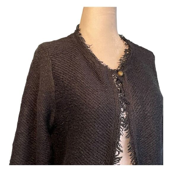 Y2K Fashion Avenue Tweed Blazer Cardigan Sweater Black Knit Frayed Trim S - Picture 2 of 6